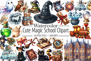 Cute Magic School Watercolor Clipart, an Illustration by Libby Wishes