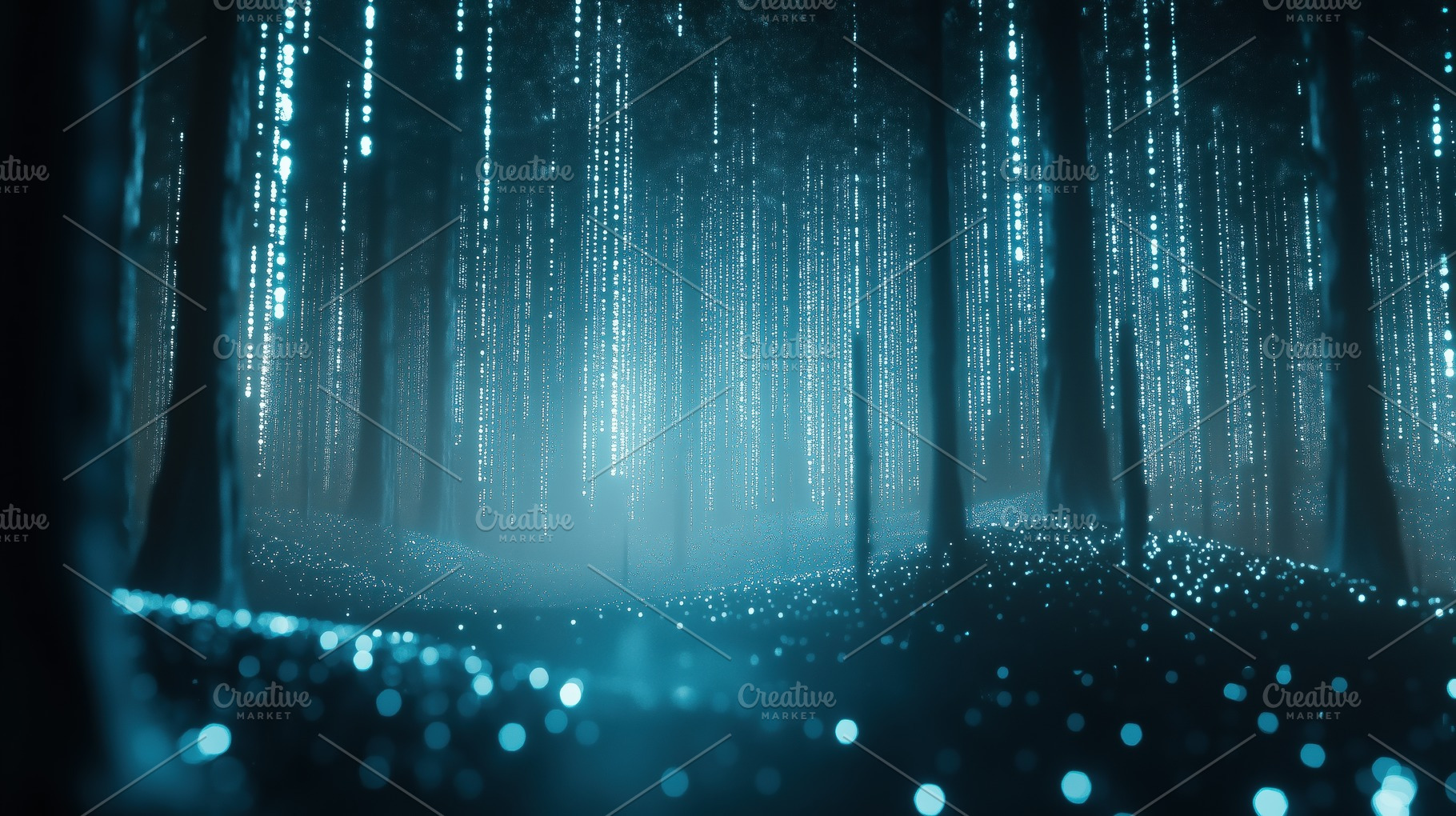 A mystical forest scene illuminated by glowing blue lights resembling digital d, a Photo by Textures & Backgrounds
