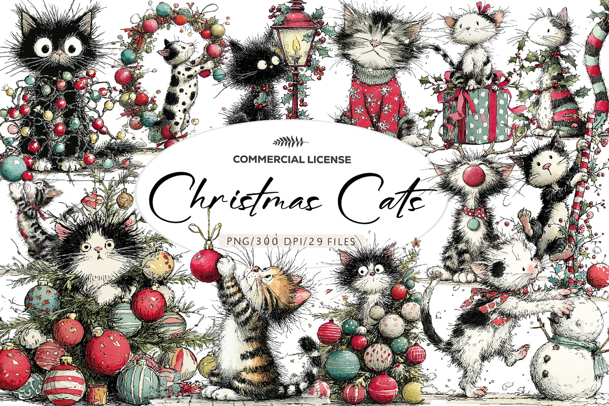 Whimsical Christmas Cats Clipart, an Illustration by CreationArt (Photo 1 of 5)