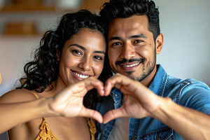 Happy mixed ethnicity couple making heart shape, a Person Photo by Davizro's Market