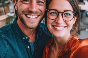 Happy couple smiling selfie office c, a Photo by Pixeness Studio