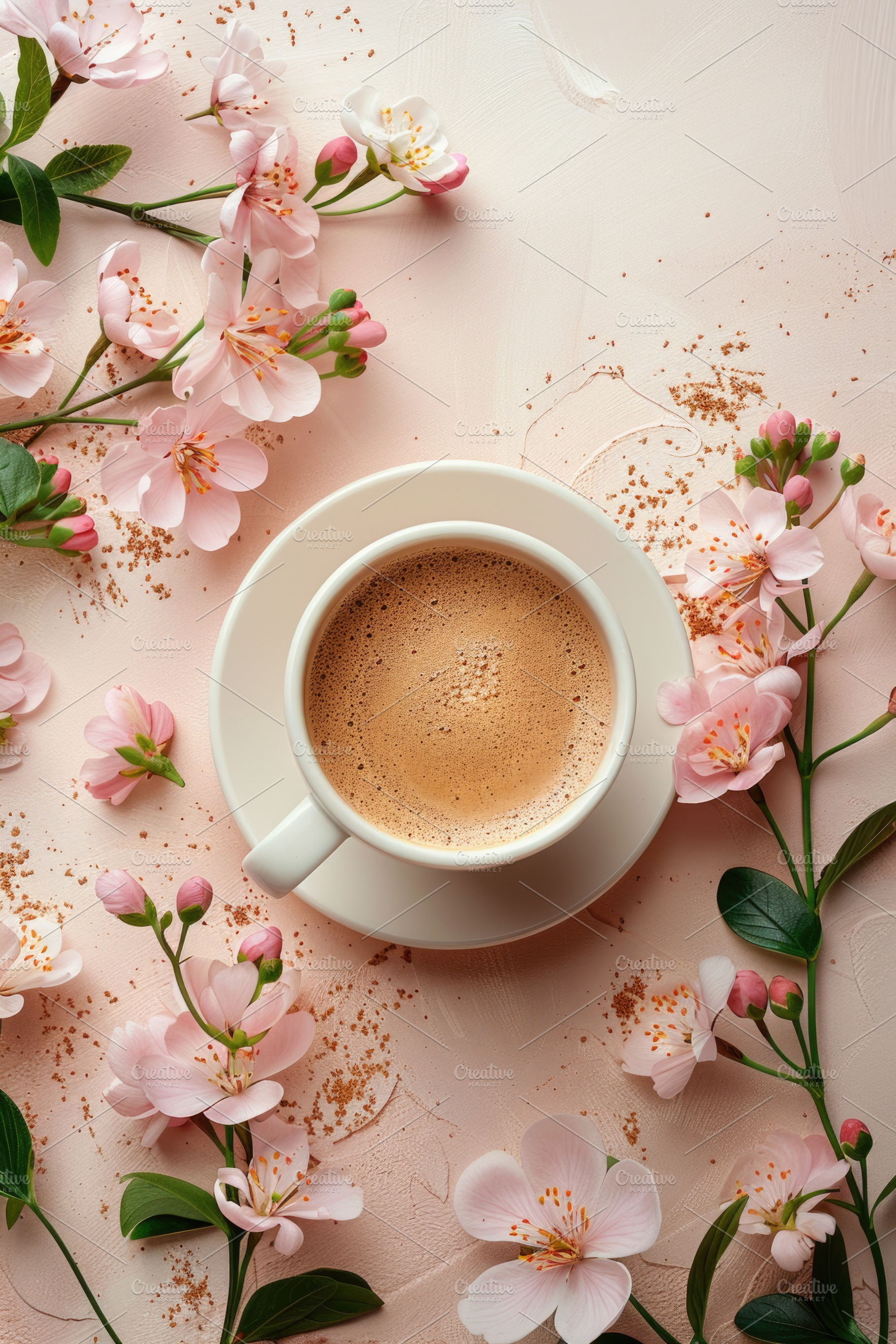 Spring coffee flat lay with cherry blossom flowers on pastel bac, a Holiday Photo by José Manuel Gelpi