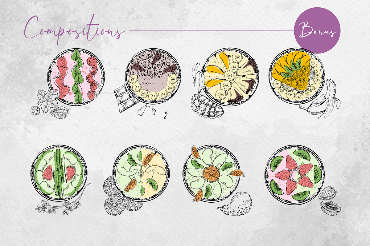 Smoothie bowls. Watercolor & ink art, a Food Illustration by MsFlaffy (Photo 10 of 19)