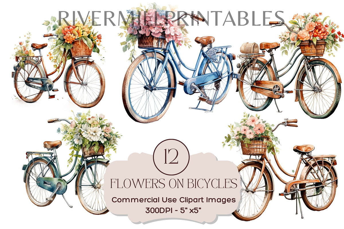 Vintage Bicycles & Flowers Clipart, a Transportation Illustration by Rivermill Printables (Photo 1 of 4)