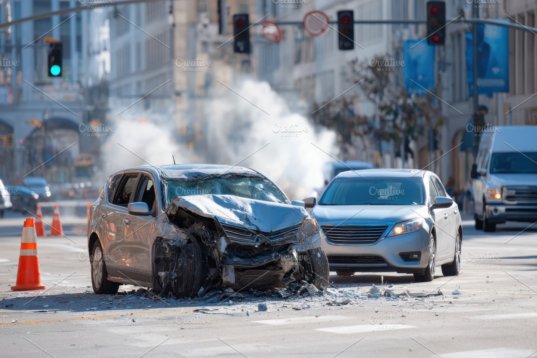 Damaged car at accident scene in city, a Transportation Photo by AlyaAnd