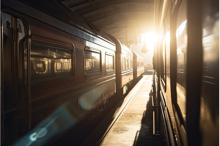 trains roll past sunflare, with rays, a Transportation Photo by Sergey Kotenev