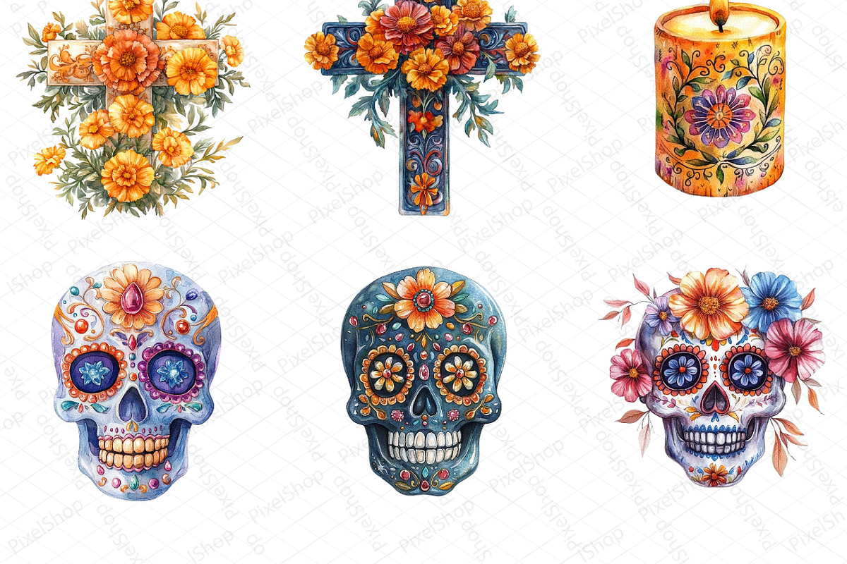 Watercolor Mexican Halloween Clipart, an Illustration by DreamPrint404 (Photo 3 of 6)