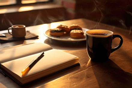 A still life composition featuring a cup of freshly brewed coffe, a Food & Drink Photo by designvectx