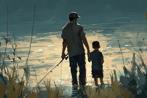 Father and son stand at the water’s, a Person Photo by MistyDay