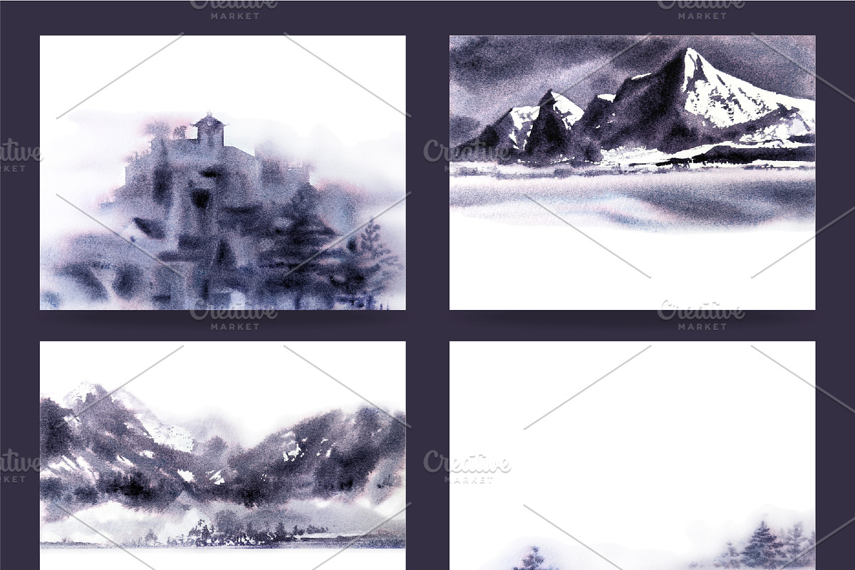 Watercolor Winter Landscapes Set, a Texture Illustration by Nuburu (Photo 11 of 14)