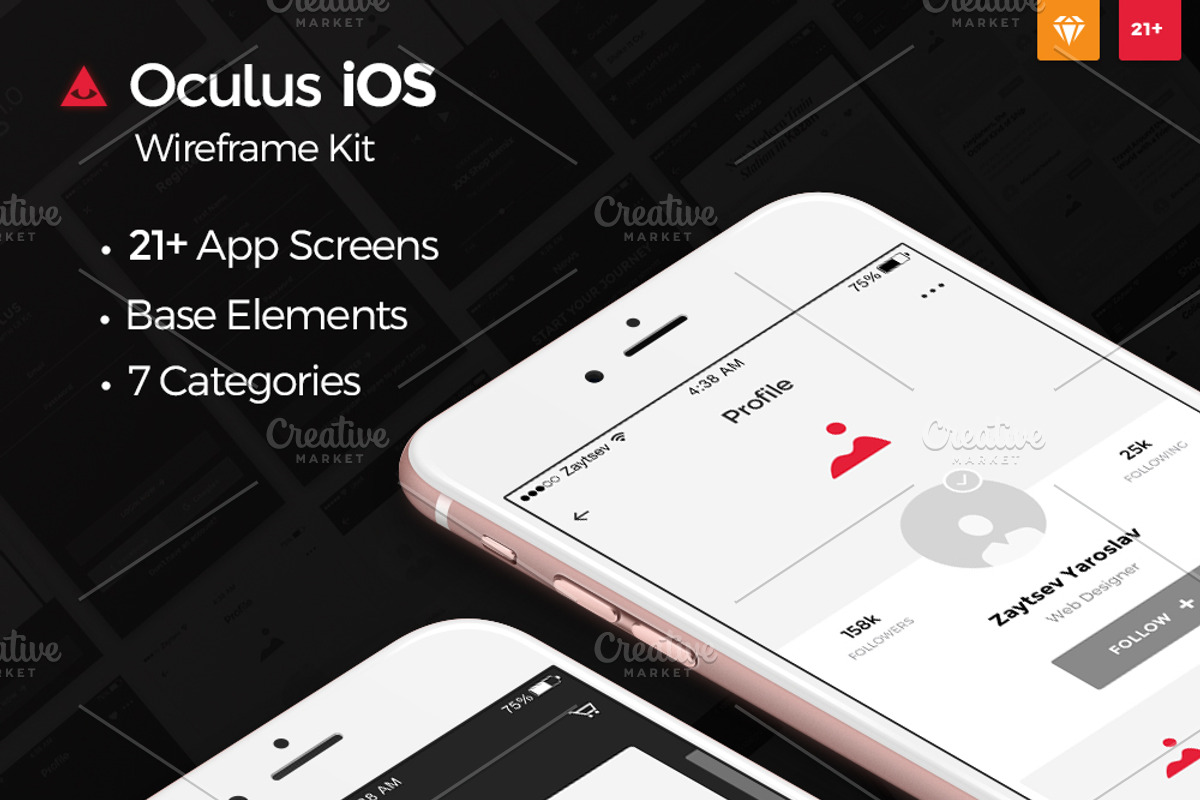 Oculus iOS Wireframe UI Kit, a Wireframe Template by Yaroslav Zaitsev (Photo 1 of 23)