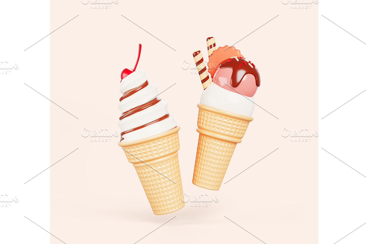 3d ice cream in waffle cups. Vanilla, a Food Illustration by Marozhkastudio