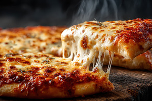 Delicious cheesy pizza slice lifted, a Photo by Pixeness Studio