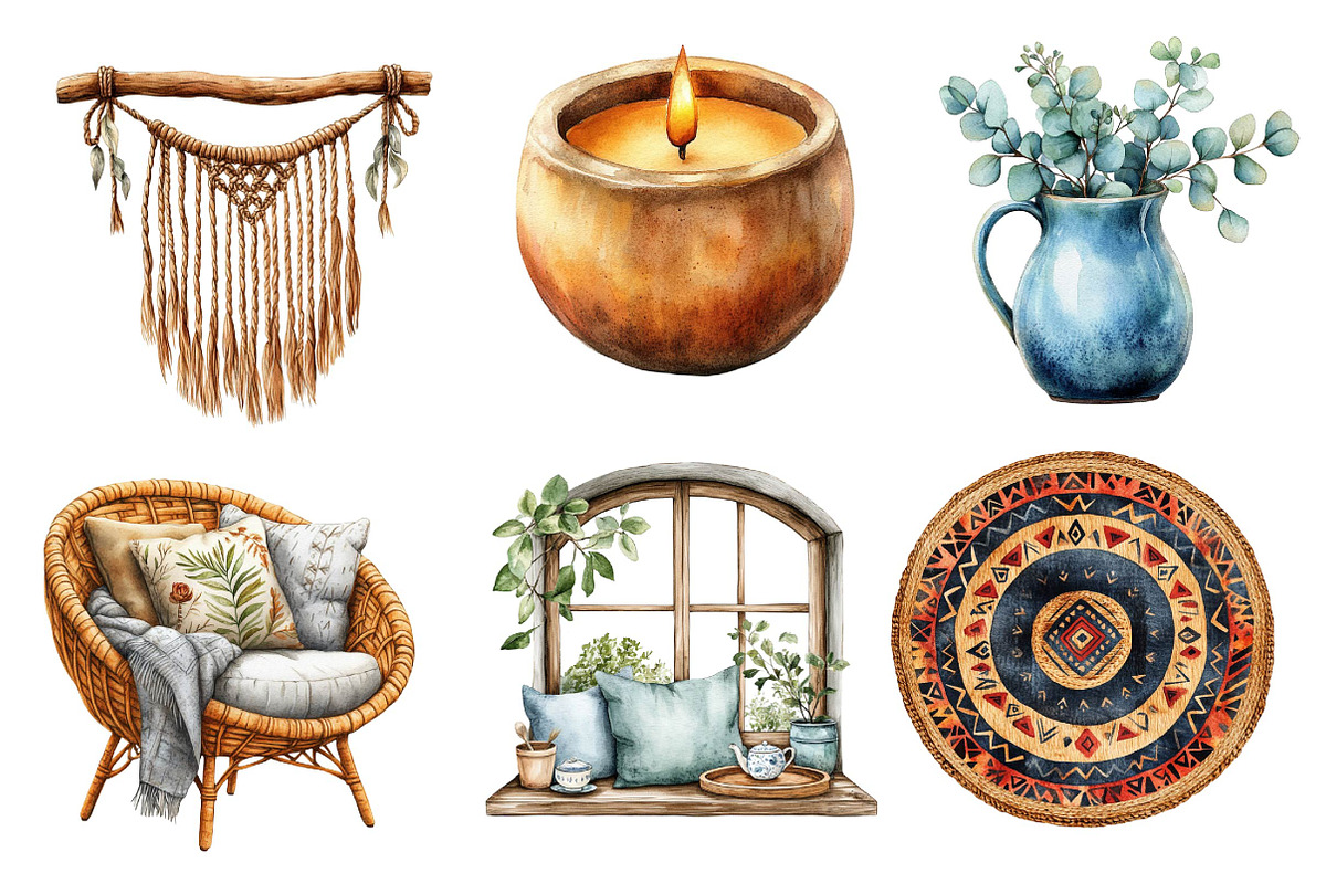 Watercolor Boho Interior Clipart, an Illustration by Dream Creation (Photo 4 of 7)