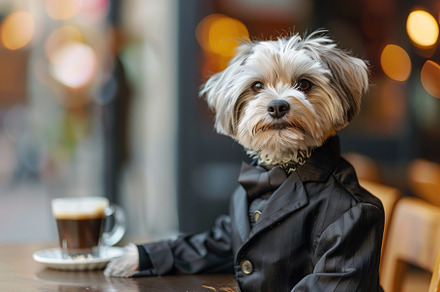 Cute dog in black suit on blurred restaurant background, an Animal Photo by AlyaAnd