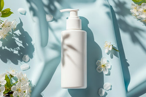White pump bottle with cherry blosso, a Beauty & Fashion Photo by professorinc