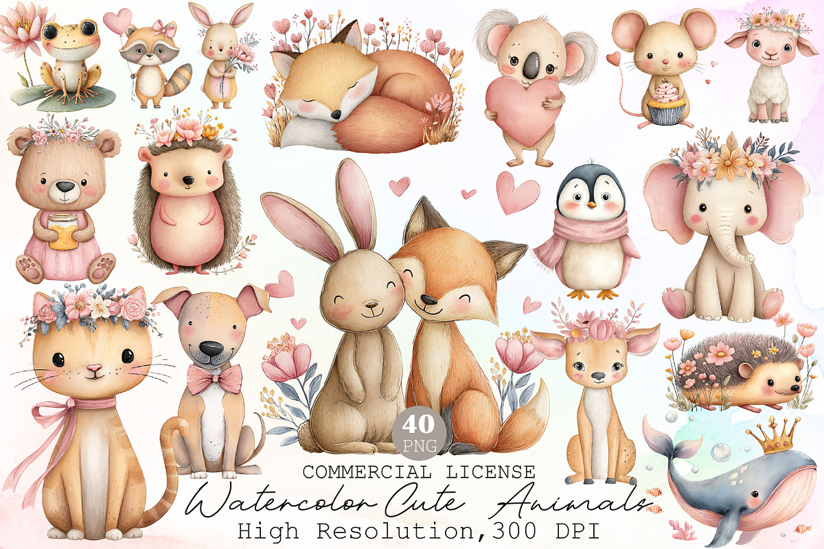 Watercolor Cute Animals Clipart, an Illustration by Sublimation Artist (Photo 1 of 6)