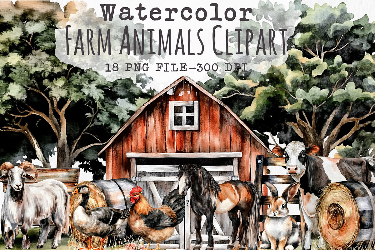 Watercolor Farm Animals Clipart, an Illustration by Libby Wishes (Photo 1 of 7)