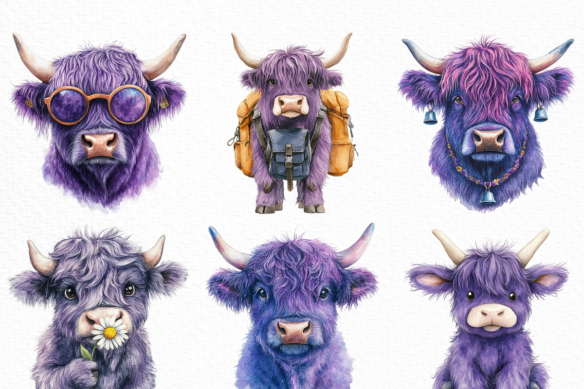 Purple Highland Cow Clipart, an Illustration by Craft Nest (Photo 3 of 6)