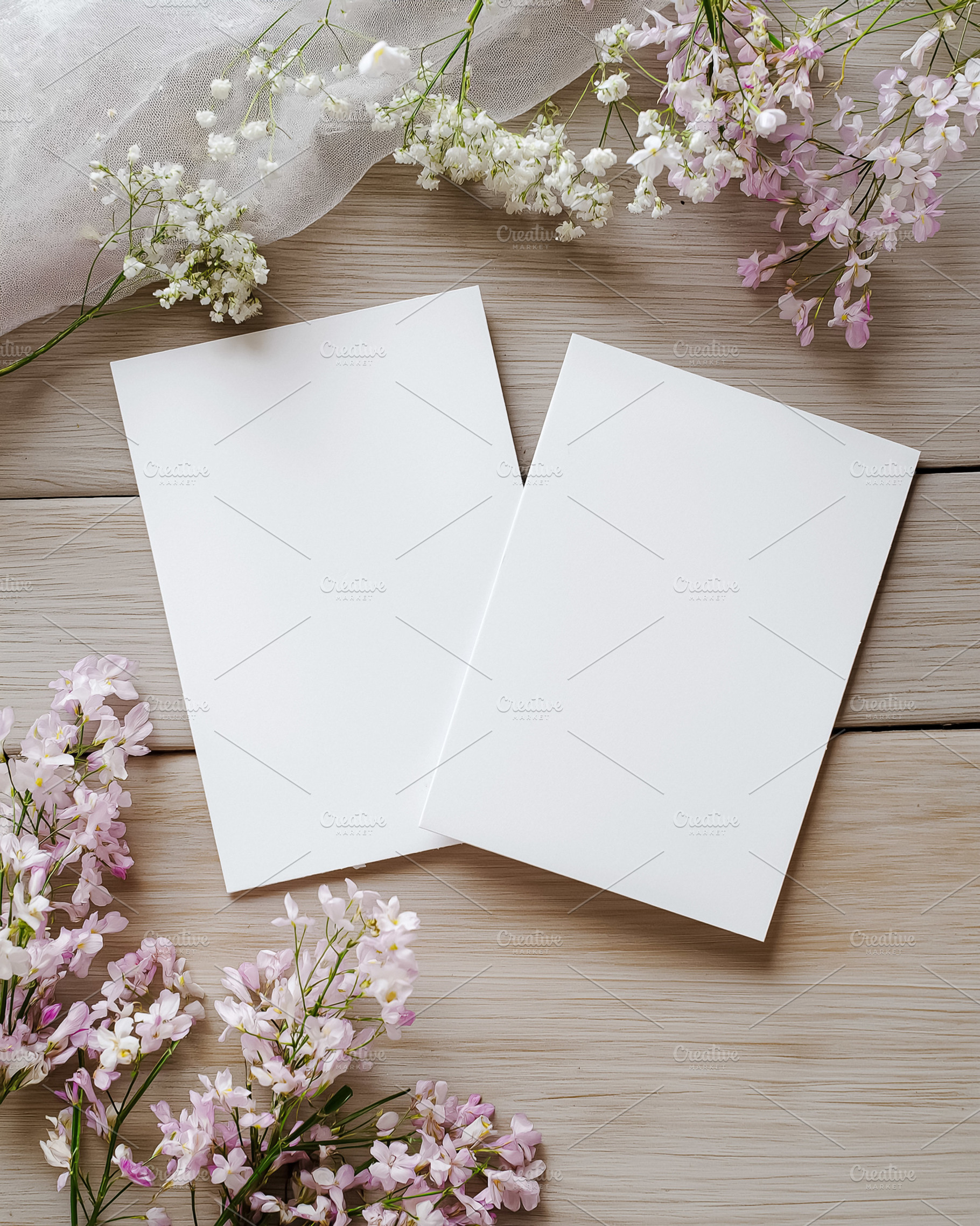 Blank wedding stationery mockup with delicate gypsophila flowers and light pink, a Holiday Photo by Studio ANNA