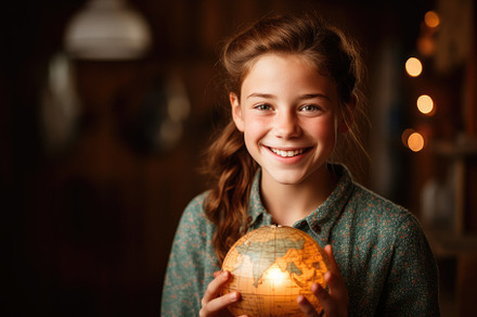 Cheerful headshot photo of a young girl with freckles and two br, a School & Education Photo by designvectx