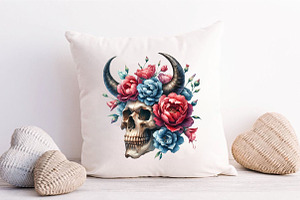 Floral Skull With Horns PNG Clipart