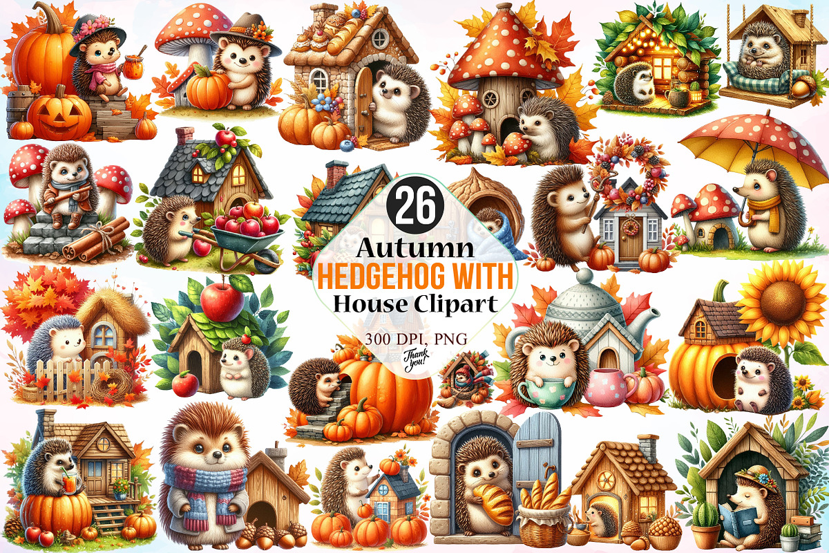 Autumn Hedgehog with House Clipart, a Seasonal Illustration by Canvas Craft (Photo 1 of 7)