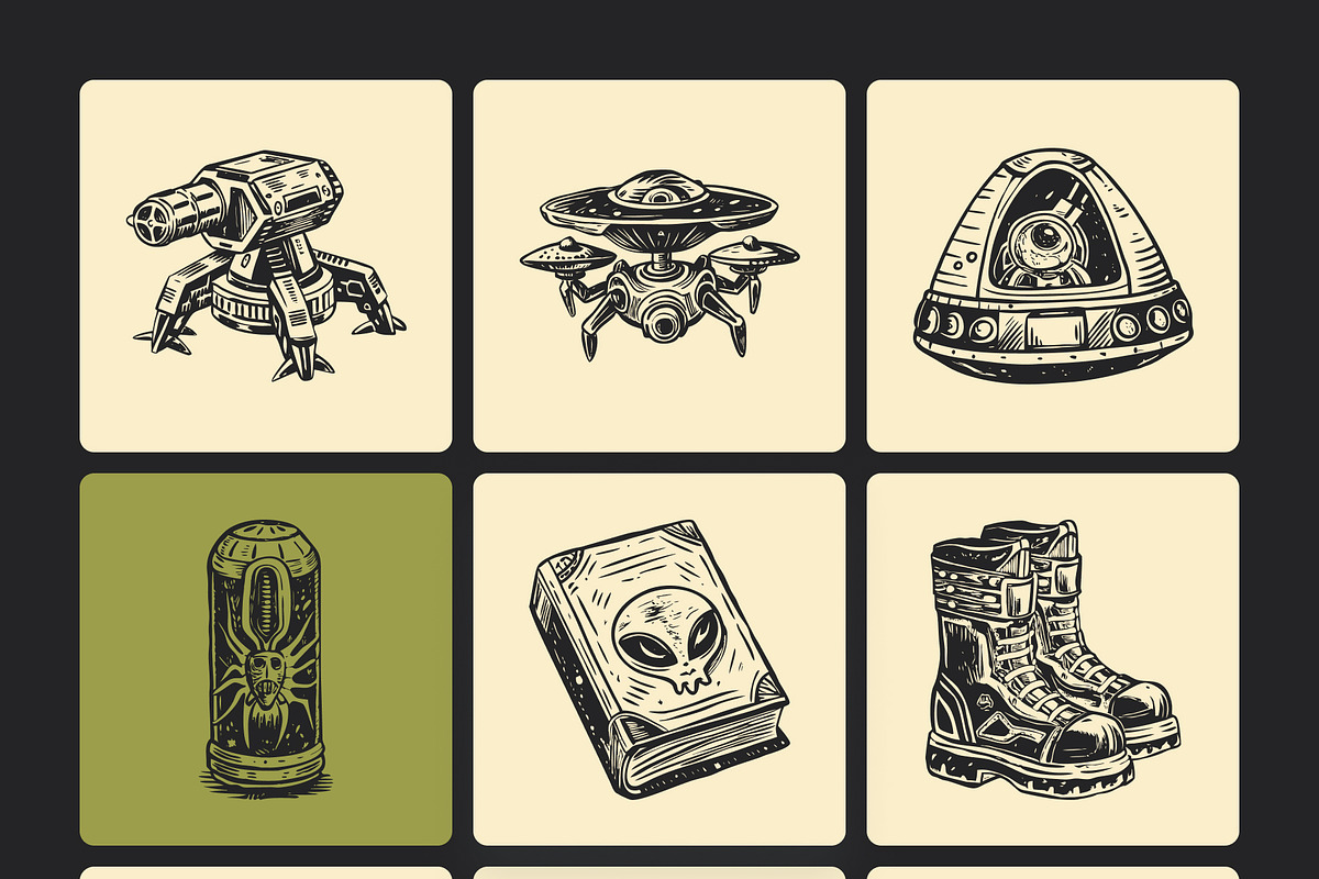 Vintage Alien Illustration Set, a Technology Illustration by Prosymbols (Photo 7 of 10)