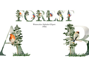 Watercolor forest alphabet.