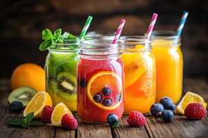 Refreshing fruit smoothies in mason, a Food & Drink Photo by Pixeness Studio