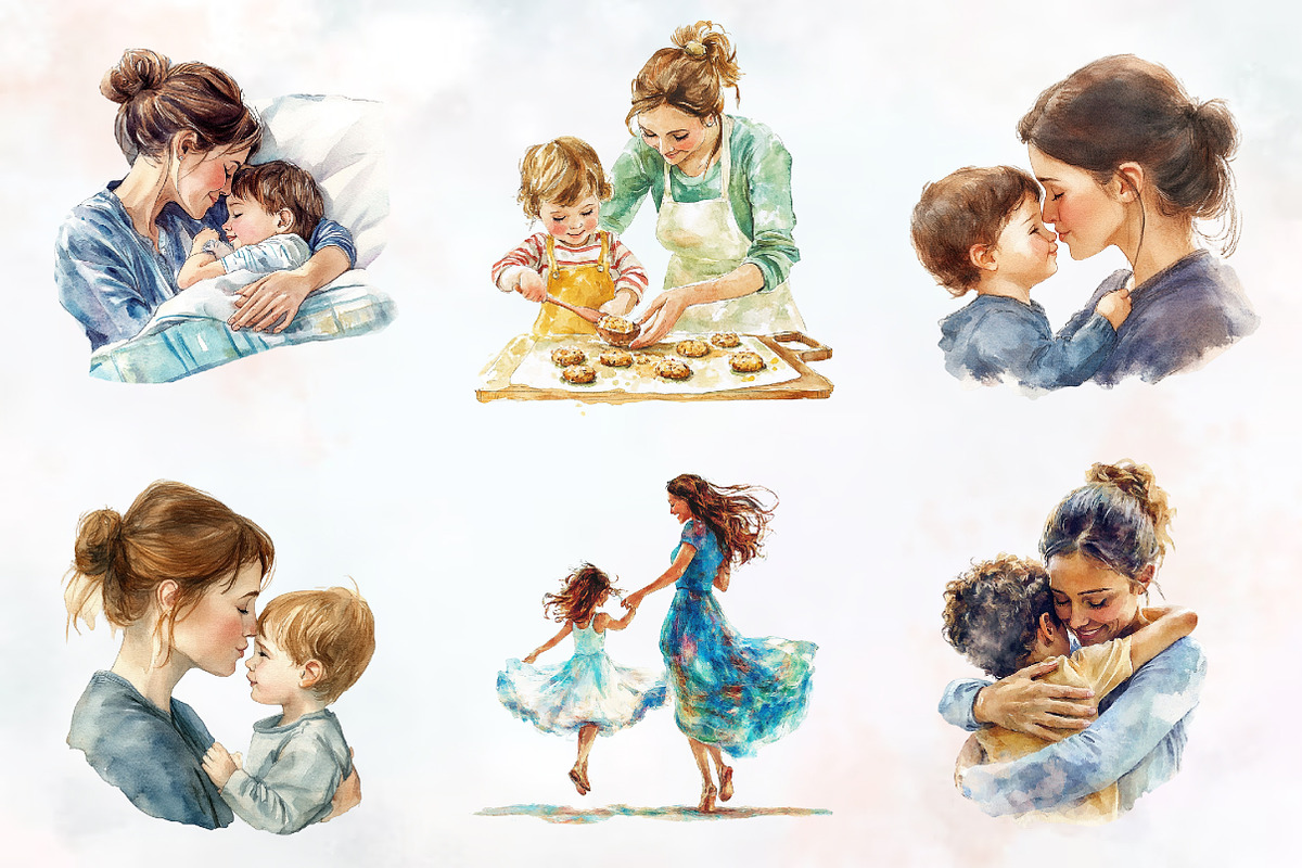 caring mom Watercolor clipart, a Seasonal Illustration by RobertsArt (Photo 5 of 7)