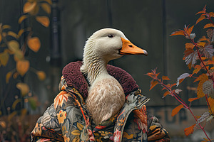 Goose Dressed In Floral Vintage Jacket Posing Outdoors