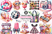 Watercolor Gingham Summer Clipart, a Seasonal Illustration by Canvas Craft (Thumbnail 1 of 3)