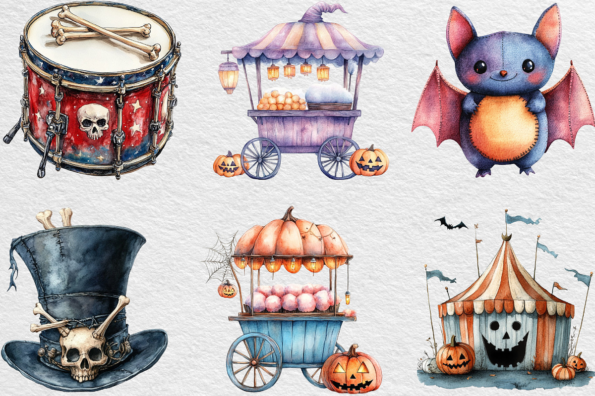 Watercolor Spooky Circus Clipart, an Illustration by Black Bird Studio (Photo 3 of 6)