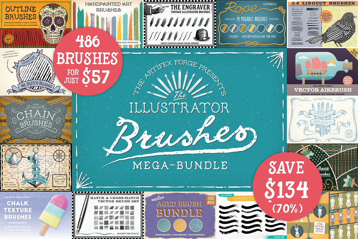 The Illustrator Brushes Mega-Bundle, a Brush Add-On by The Artifex Forge (Photo 1 of 5)