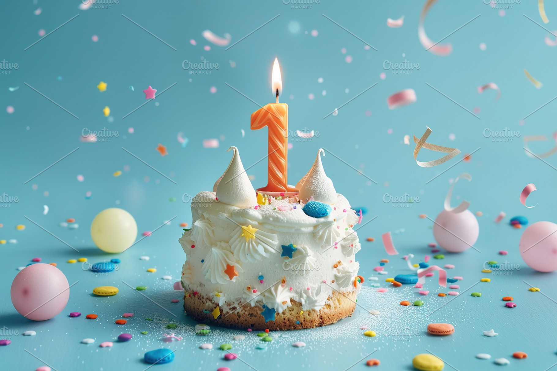 Birthday cake with one candle number 1 on blue background, a Food & Drink Photo by AlyaAnd
