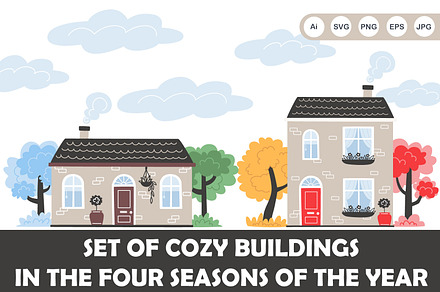 Cozy houses and trees in four season, an Object Illustration by YuskinKot