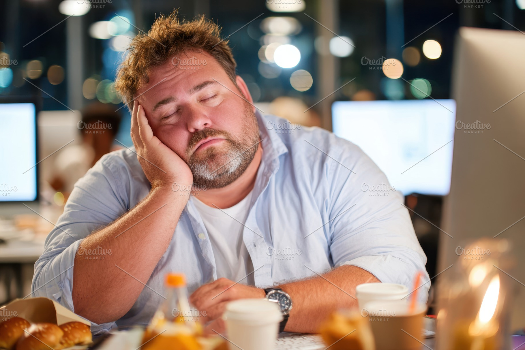 Tired overweight man at desk in modern office, a Person Photo by AlyaAnd