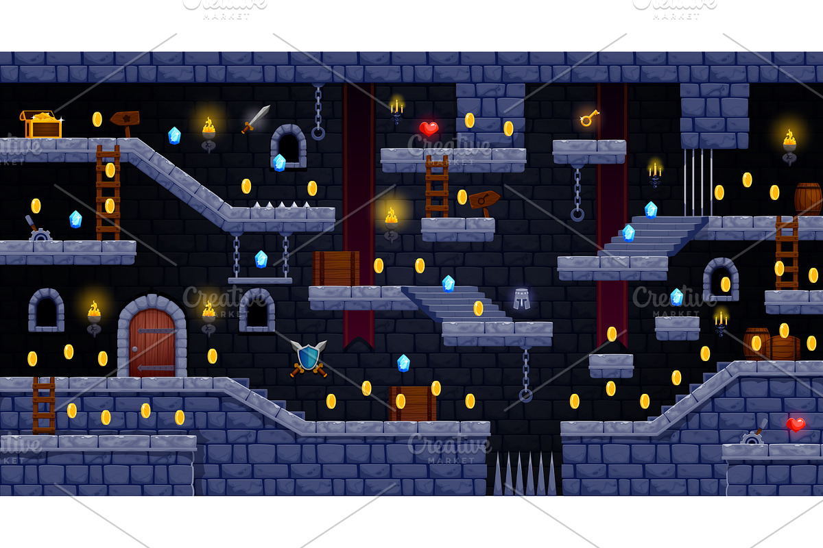 2d arcade game castle level, a Technology Illustration by Vector Tradition
