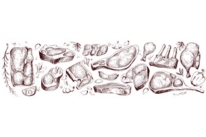 Hand drawn raw meat pieces on white, a Food Illustration by art PVP - market