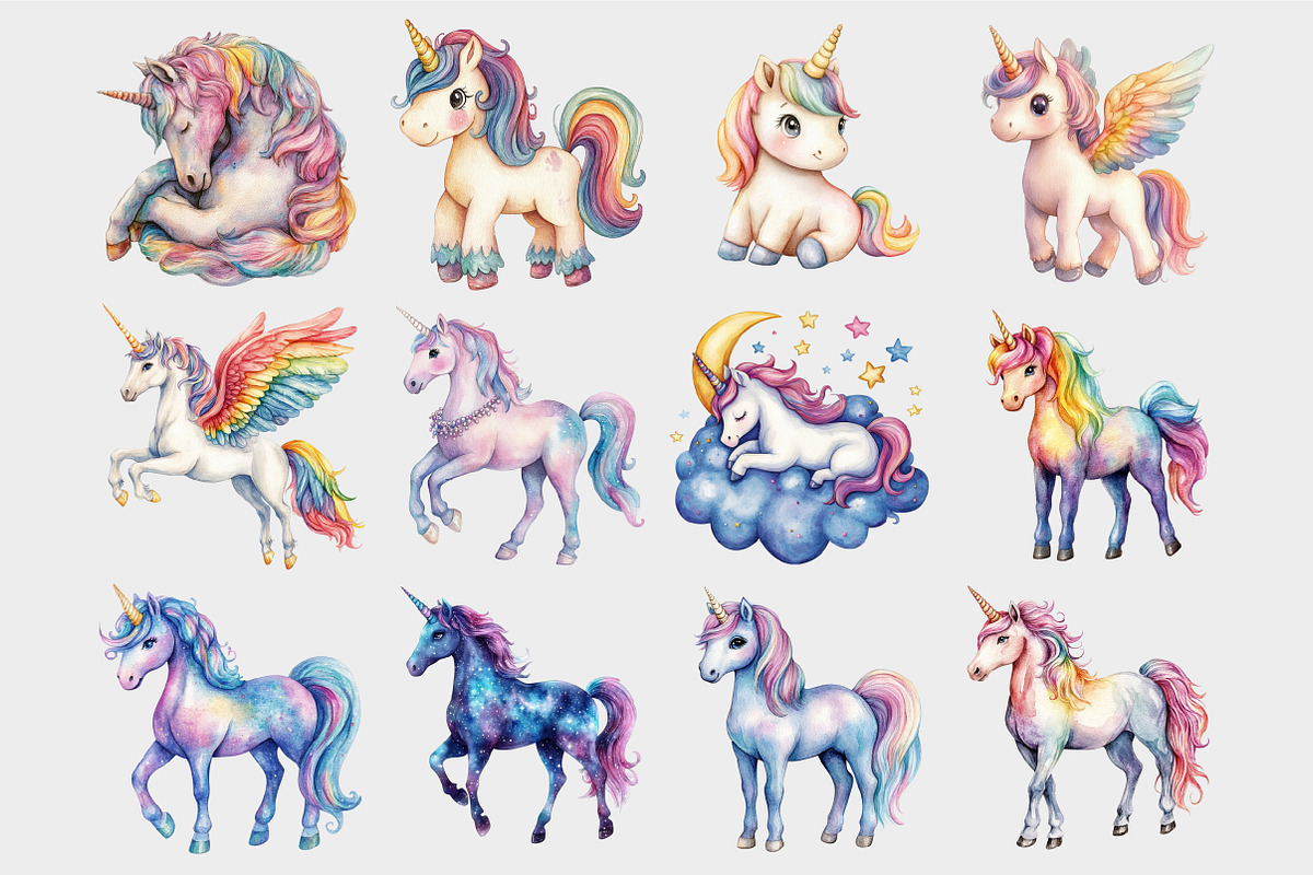 Watercolor Rainbow Unicorn Clipart, a Seasonal Illustration by Design Market (Photo 4 of 5)