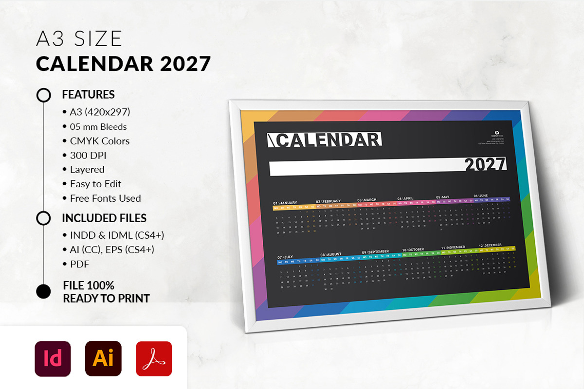 A3 2027 Landscape Calendar Template, a Stationery Template by MstArtwork (Photo 2 of 6)