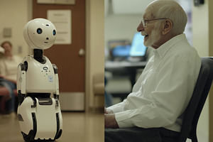 Robot interacts with elderly man in, a Photo by Tanuart
