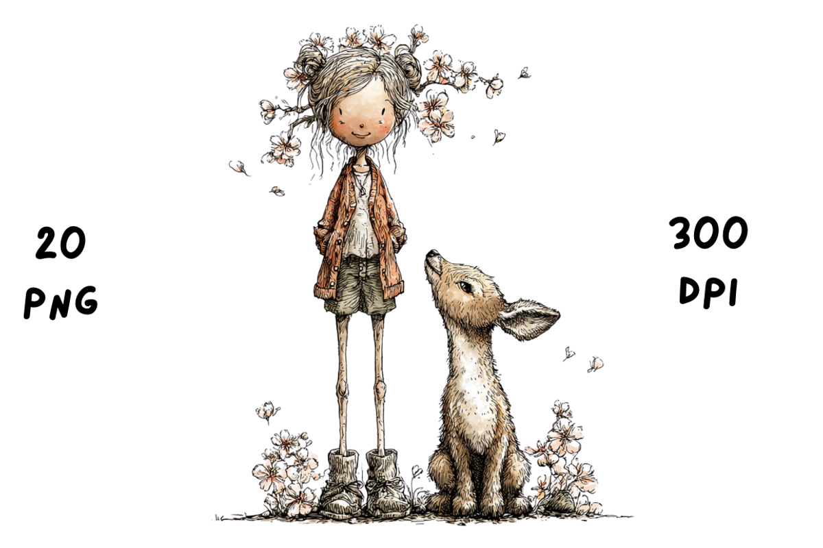 Whimsical Floral Girl & Deer Clipart, an Animal Illustration by GiraffeCreative (Photo 9 of 20)