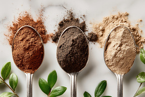 Colorful spices in spoons on marble, a Photo by Beautiful things