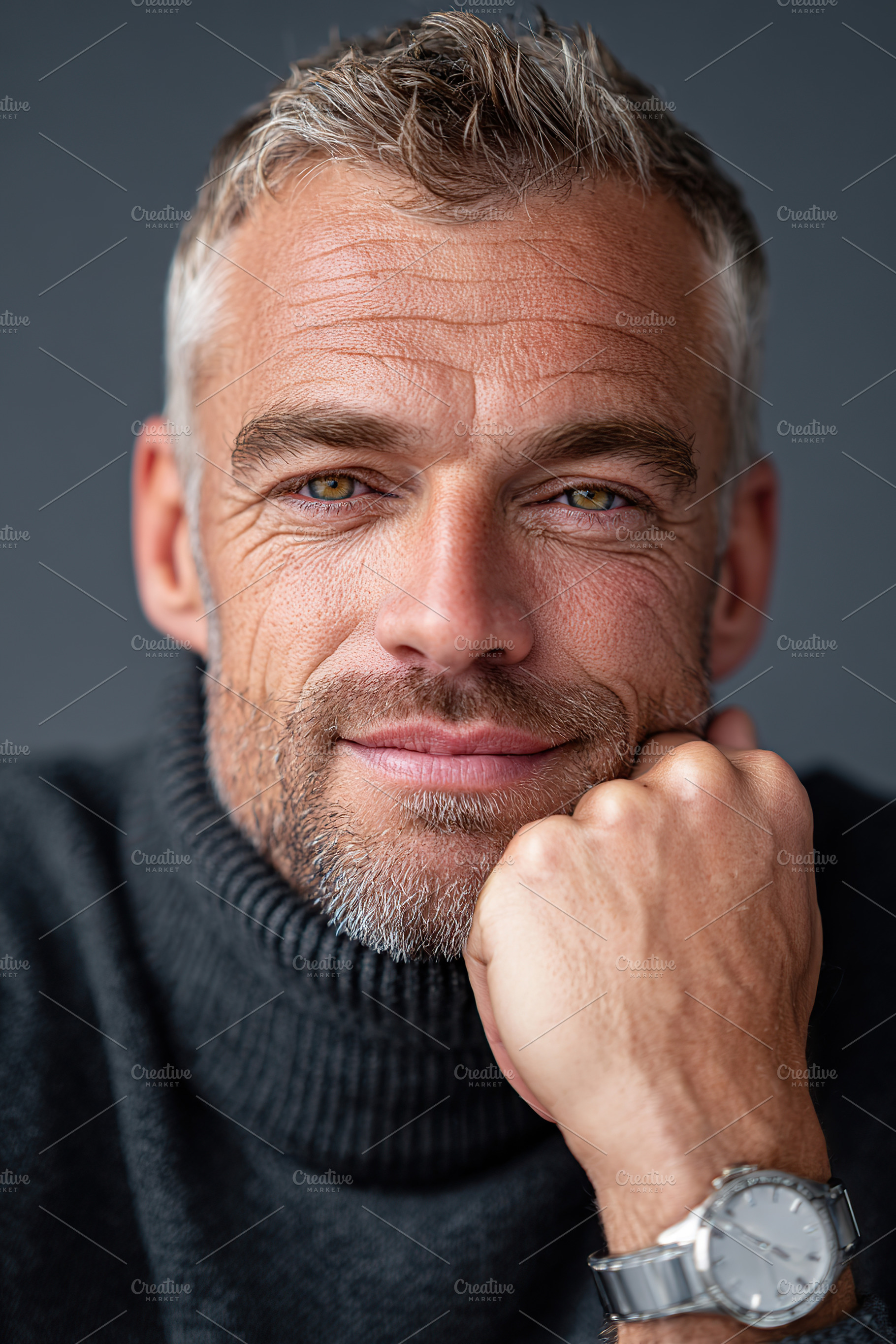 Attractive man in a relaxed pose wearing a sweater during a studio portrait ses, a Person Photo by AlyaAnd