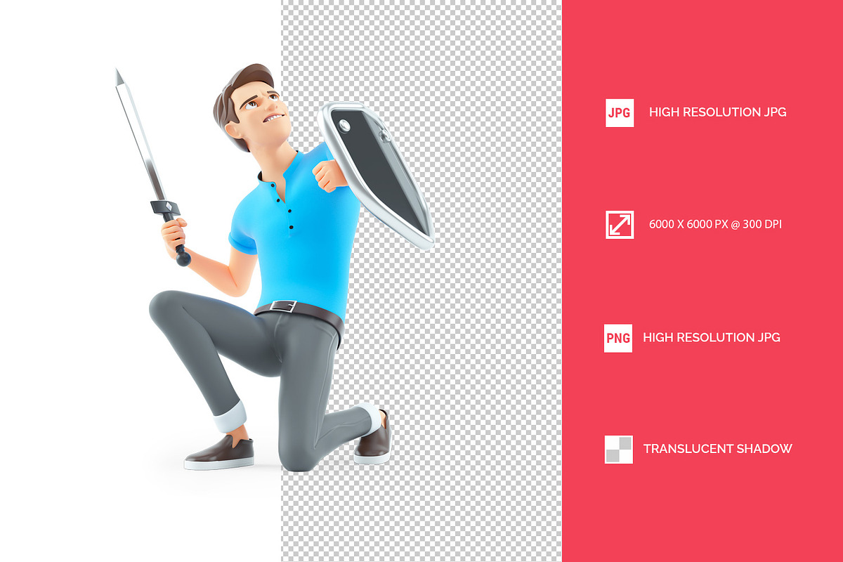 3D Man with Shield and Sword Defendi, a Person Illustration by 3DMask