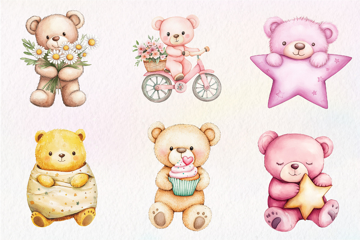 Watercolor Pink Cute Blush Teddy Bea, an Illustration by CreationArt (Photo 3 of 9)