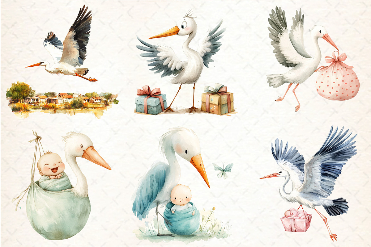 Stork Baby Delivery Clipart, an Illustration by DreamCafeArt (Photo 2 of 7)