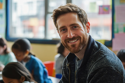 Male teacher smiling at the camera, a Photo by Pavel_design